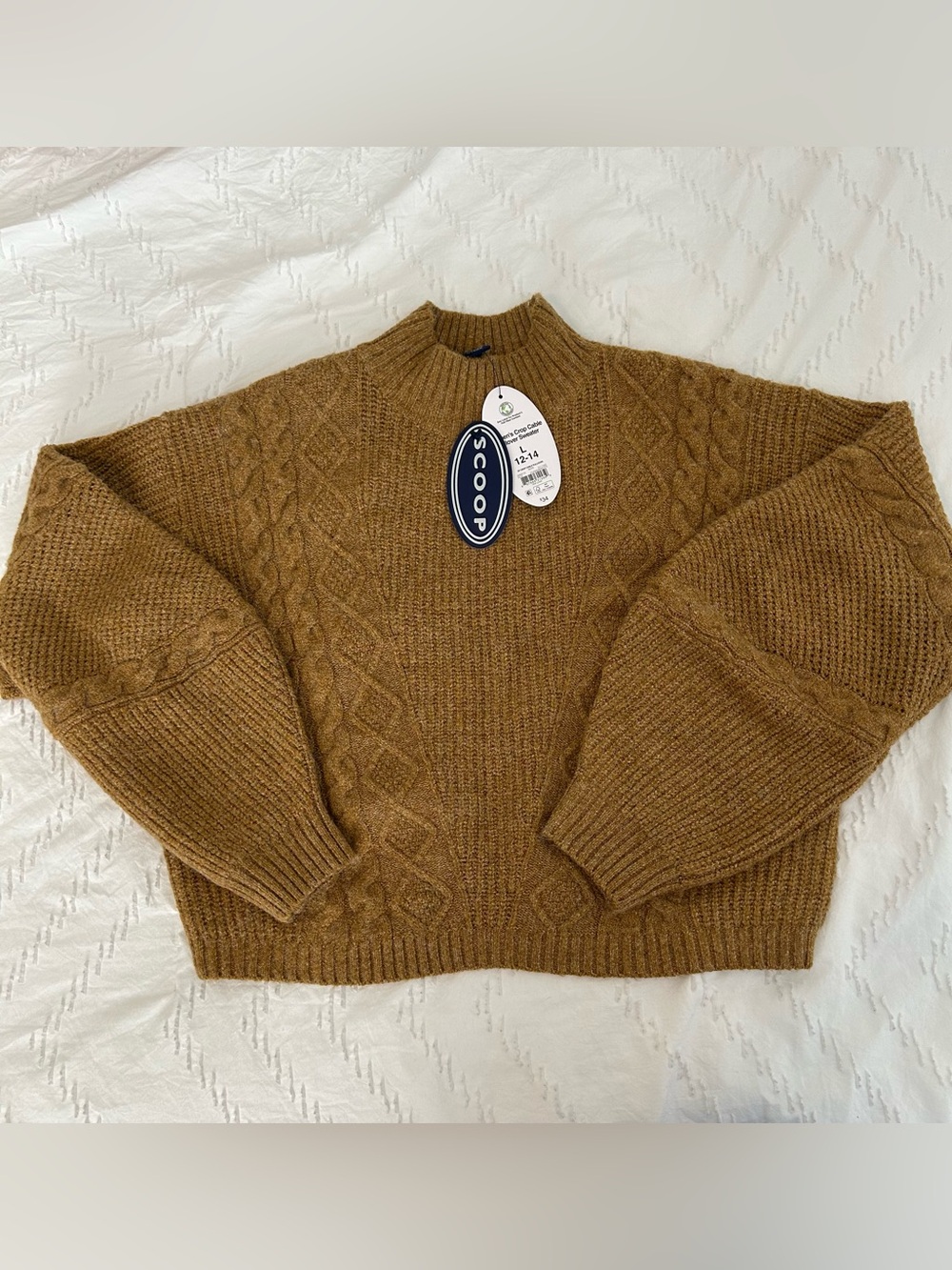 Scoop Women’s Balloon Sleeve Crewneck Cropped Sweater Camel Tan L (12-14) NEW - Picture 2 of 9